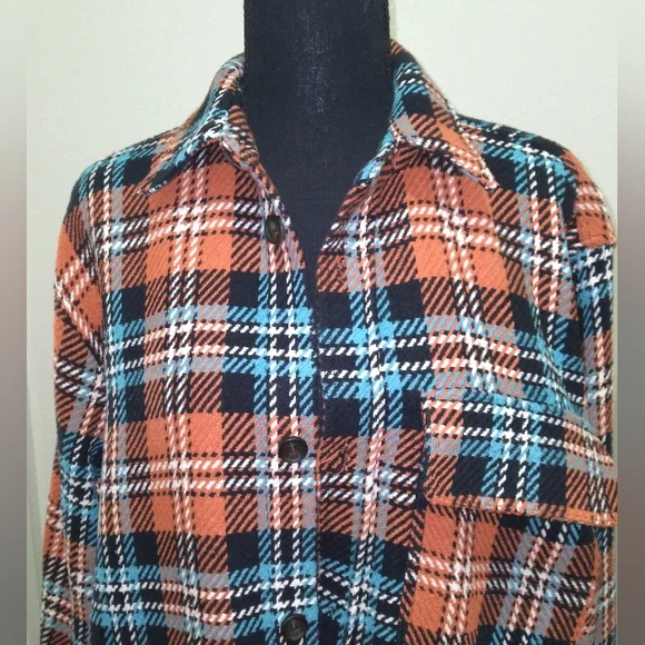 ZARA Men's Orange/Black Plaid Print Knit Long Sleeve Button Down Flannel-Size M - Picture 3 of 11